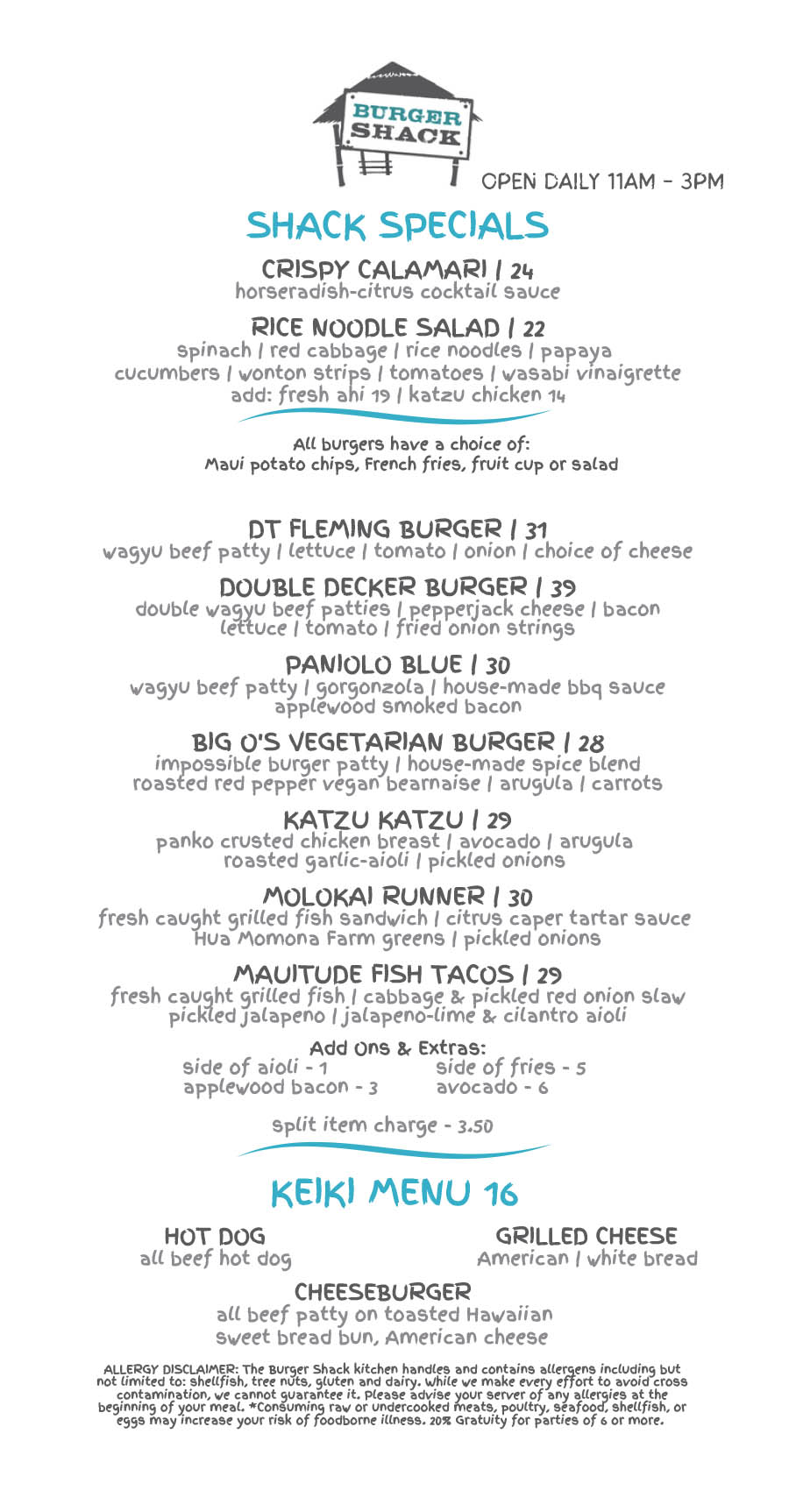 Burger Shack Kapalua Maui Menu